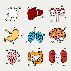 Vector set of linear color icons of human organs. Medicine and healthcare illustrations on Cloud Dancer Pantone color background.