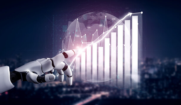 A futuristic robotic hand engages with a digital growth chart, symbolizing technological advancements and economic progress against a city skyline backdrop. Impute - Powered by Adobe