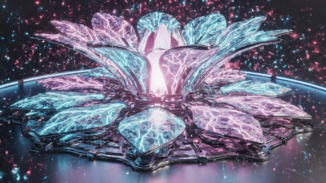Futuristic glowing energy lotus structure with neon petals and digital circuitry forming advanced sci fi technology centerpiece in holographic space. Futuristic neon lotus glowing in space.