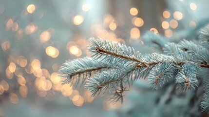 Close up of a frosted blue spruce branch with soft glowing bokeh lights in the background during winter