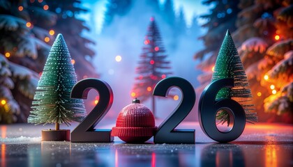 Stunning 3D numerals 2026 with festive miniature trees and glowing bokeh lights celebrate the coming year