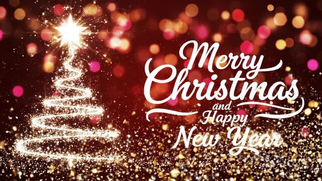 Dynamic sparkling light animation draws a festive Christmas tree outline against warm bokeh background