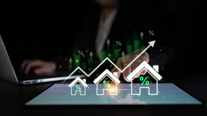 Concept of real estate investment and a rising housing market. The increase in property value is...