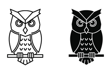 Owl Sitting on Branch Outline and Silhouette bird animal
