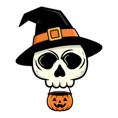 Halloween Skull Wearing Witch Hat with Pumpkin Candy Bucket