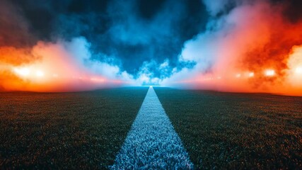 Futuristic football stadium with dramatic glowing smoke in red and blue lighting above field, sports energy, competition, teamwork, championship, entertainment, fan excitement, competitive atmosphere. - Powered by Adobe