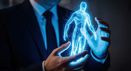 Businessman Holding Glowing Human Digital Hologram.