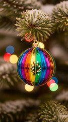 Colorful Rainbow Christmas Ornament Hanging on Snowy Tree Branch