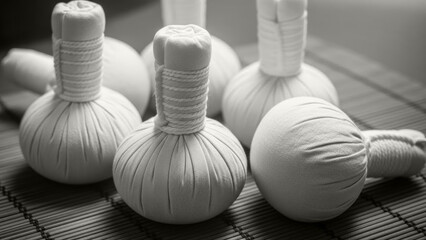 Herbal compress balls for traditional massage and relaxation on bamboo mat.  Color Trend 2026.