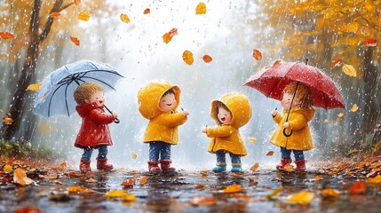 Rainy day scene with waterproof boots umbrellas and raincoats surrounded by puddles leaves and playful splashes evoking joy in stormy weather