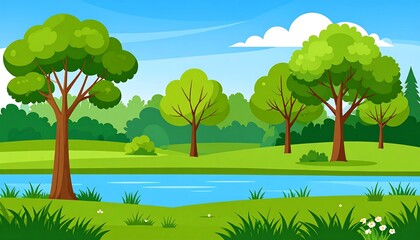 Obraz premium A cheerful cartoon landscape with trees, grassy fields, and a serene blue river under a sunny sky with fluffy clouds