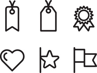 Simple Outline Icon Set – Tag, Award Ribbon, Heart, Star and Flag Minimal Vector Pack