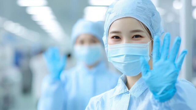 青いユニフォーム姿で手を振る日本人女性