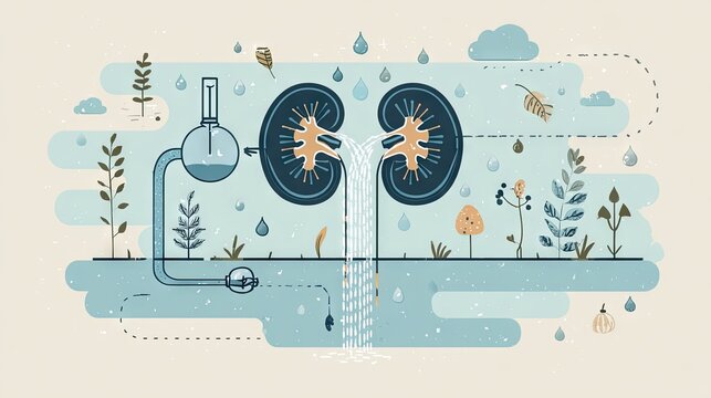 Artistic illustration of human kidney function and filtration process with nature elements in a whimsical style