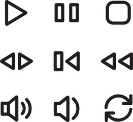 Media Player Interface Outline Icon Set – Play, Pause, Stop, Rewind, Fast Forward, Volume Up, Volume Down, and Repeat Vector
