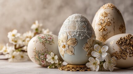Elegant hand-painted Easter eggs with gold details and floral luxurious lace decorations