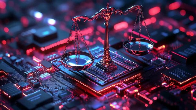 Scales of justice standing on glowing red digital circuit board, cyber law, digital justice, artificial intelligence ethics, technology regulation, cybersecurity, data protection modern jurisprudence.