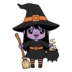 Cute Chibi Witch with Broom and Bubbling Cauldron