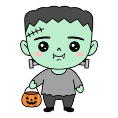 Cute Frankenstein Monster Holding Pumpkin Candy Bucket
