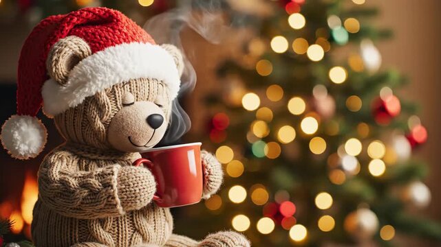 Knitted teddy bear in santa hat holding a steaming red mug next to a Christmas tree. Holiday drink concept for xmas celebration.