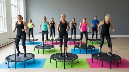 Energetic group trampoline exercise class with enthusiastic fitness enthusiasts in motion
