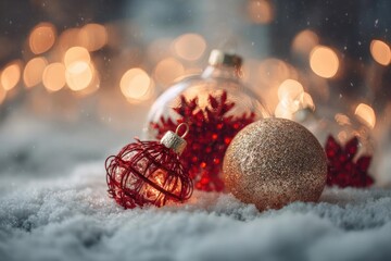 Festive christmas ornaments with soft bokeh lights and snow creating a warm and magical holiday atmosphere