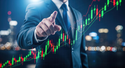 Businessman pointing at rising stock market graph, financial success concept.