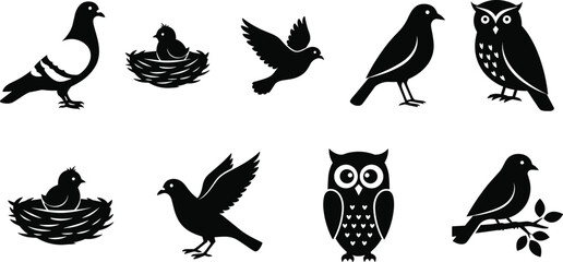 Collection of Black Vector Bird Silhouettes Featuring Owls, Doves, Chicks in Nests, and Small Perching Birds for Nature, Wildlife, and Graphic Design Projects.