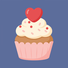 A festive cupcake with cream, sprinkles, and a red heart on top against a blue background.