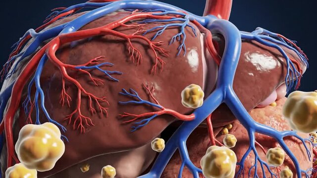 3D medical illustration of a human liver, meticulously detailing its intricate vascular network and gallstones, symbolizing liver disease and digestive health challenges