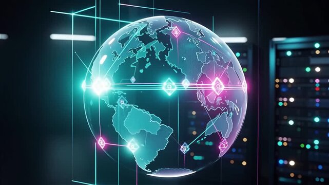 Global Digital Network Connecting the World A Futuristic Representation of Data Flow, Internet Connectivity, and Technological Infrastructure in a Secure Server Environment