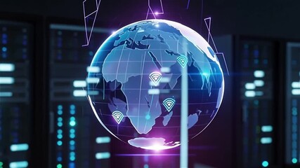 Digital Globe with Data Visualization Over Server Racks - Powered by Adobe