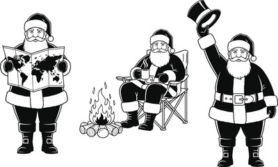 Set of Three Santa Claus Illustrations Reading a Map, Relaxing by a Campfire, and Waving a Top Hat, Created in a Vintage Black and White Line Art Vector Style.