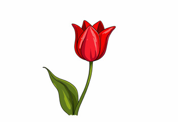 Fototapeta premium Illustration of a single vibrant red tulip flower with lush green leaves delicately poised, capturing the beauty and elegance of nature in a simple yet striking artistic depiction