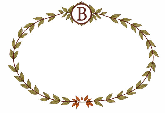 Elegant Oval Frame with Leafy Border Design Featuring Letter B in Center for Customizable Monogram or Decorative Purpose