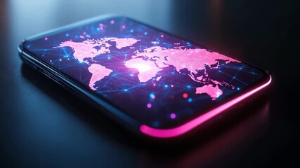 A smartphone glowing with a digital holographic map of the world in pink neon lights connected with blue networks, symbolizing global communication, technology, internet, data, and advanced innovation