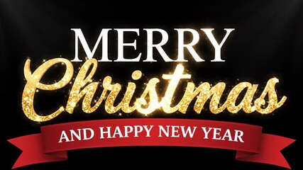 Merry christmas and happy new year greeting with gold glitter text and red ribbon on black background merry christmas - Powered by Adobe