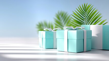 Gift Boxes with Palm Leaves on a Sunny Day