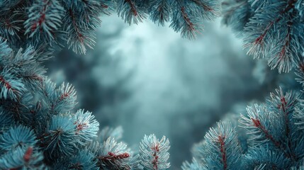 Softly glowing ethereal light emanates from a mystical fog filled clearing surrounded by dark evergreen pine branches