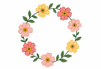 Elegant Floral Wreath Design with Vibrant Pink and Yellow Flowers Arranged Symmetrically in a Circular Pattern Accentuated by Green Leaves