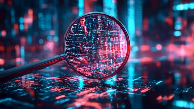 A futuristic magnifying glass focusing on glowing computer code projected across a neon digital grid, cybersecurity, hacking, artificial intelligence, programming, data analysis, and innovation.