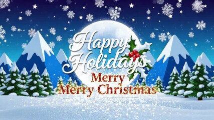 Happy holidays merry christmas winter scene with snow falling on mountains and pine trees merry christmas