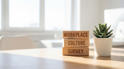 Workplace culture survey wooden blocks stacked on office desk with succulent plant representing employee engagement assessment feedback