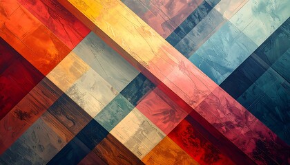 Abstract mosaic of tilted colorful rectangles with a textured overlay creating a vibrant, geometrical composition