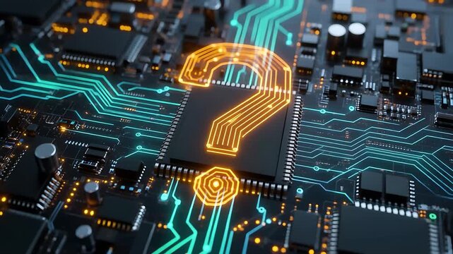 Glowing question mark on circuit board animation background