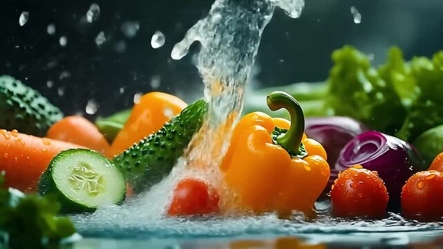 Fresh vegetables splashing in water, Fresh vegetables splashing in water, including bell pepper, cucumber, tomatoes, and lettuce, creating a vibrant