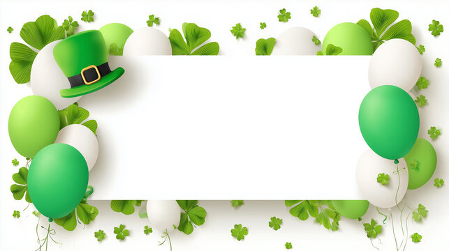 st. patrick's day banner with blank white space for text, balloons, and a green hat on isolated background. Design for poster, website, banner.
