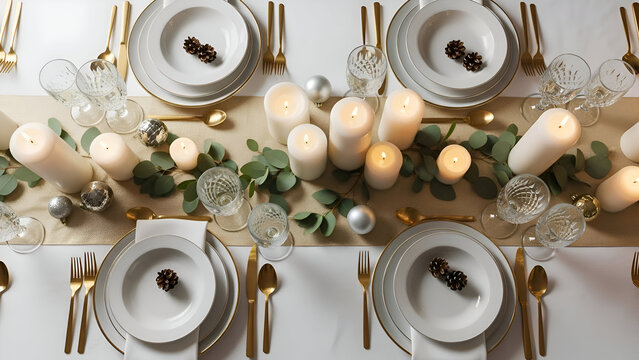 Elegant Gold and White Christmas Table Setting Top View