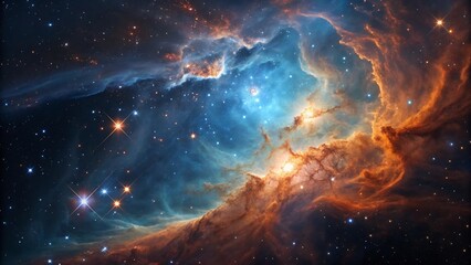 Fototapeta premium Vibrant cosmic nebula showcasing intricate clouds of glowing blue and orange interstellar gas and dust illuminated by distant star formation across deep space