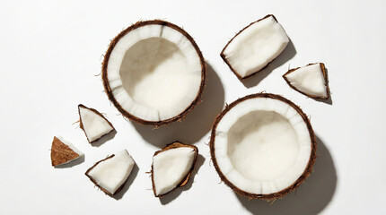 Top-view composition of fresh coconut halves and scattered coconut pieces on a clean white background